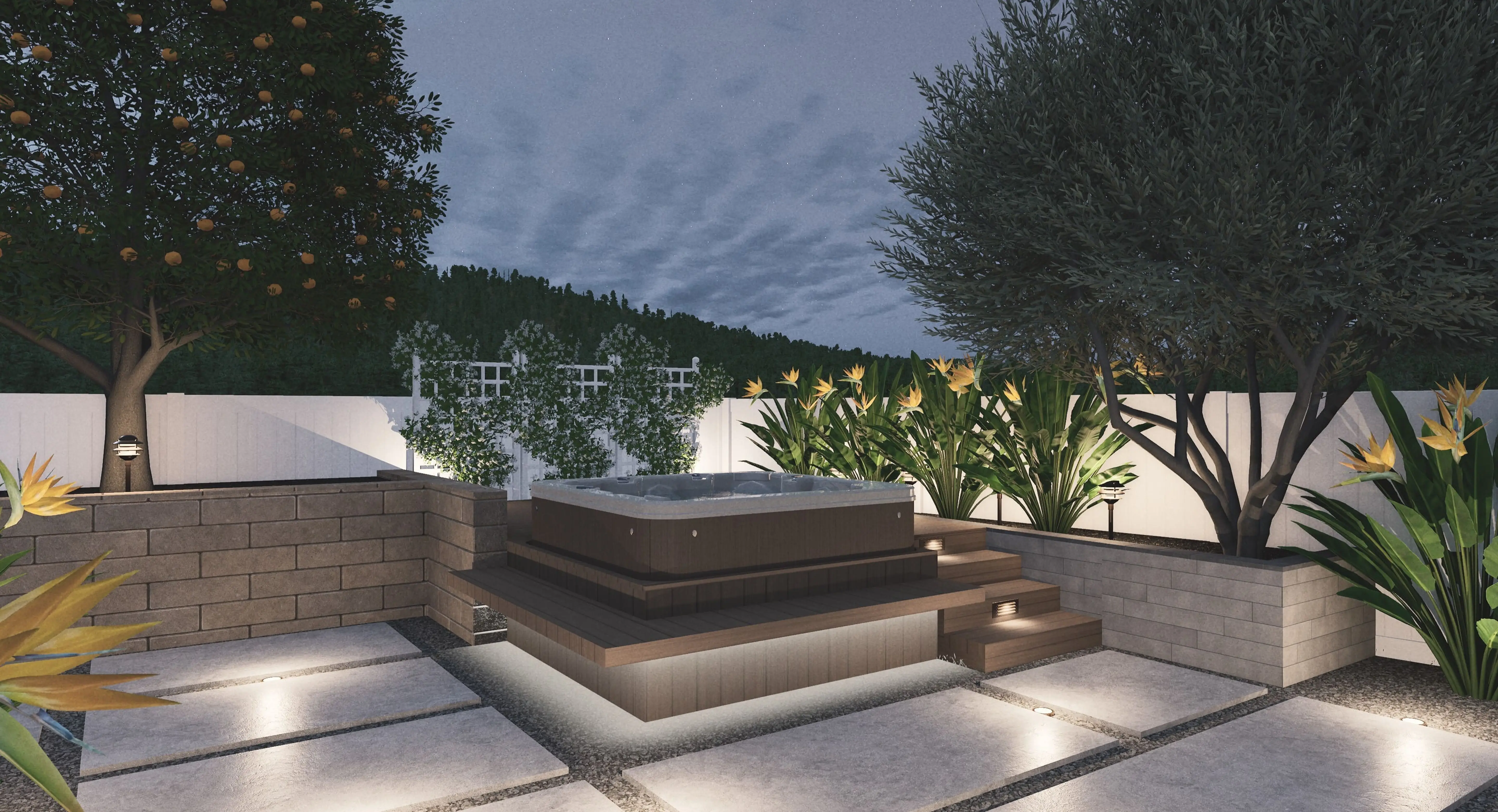 Modern garden spa area with seating and plants
