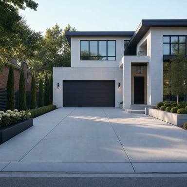 Modern residential architecture featuring a concrete driveway and landscaped yard.