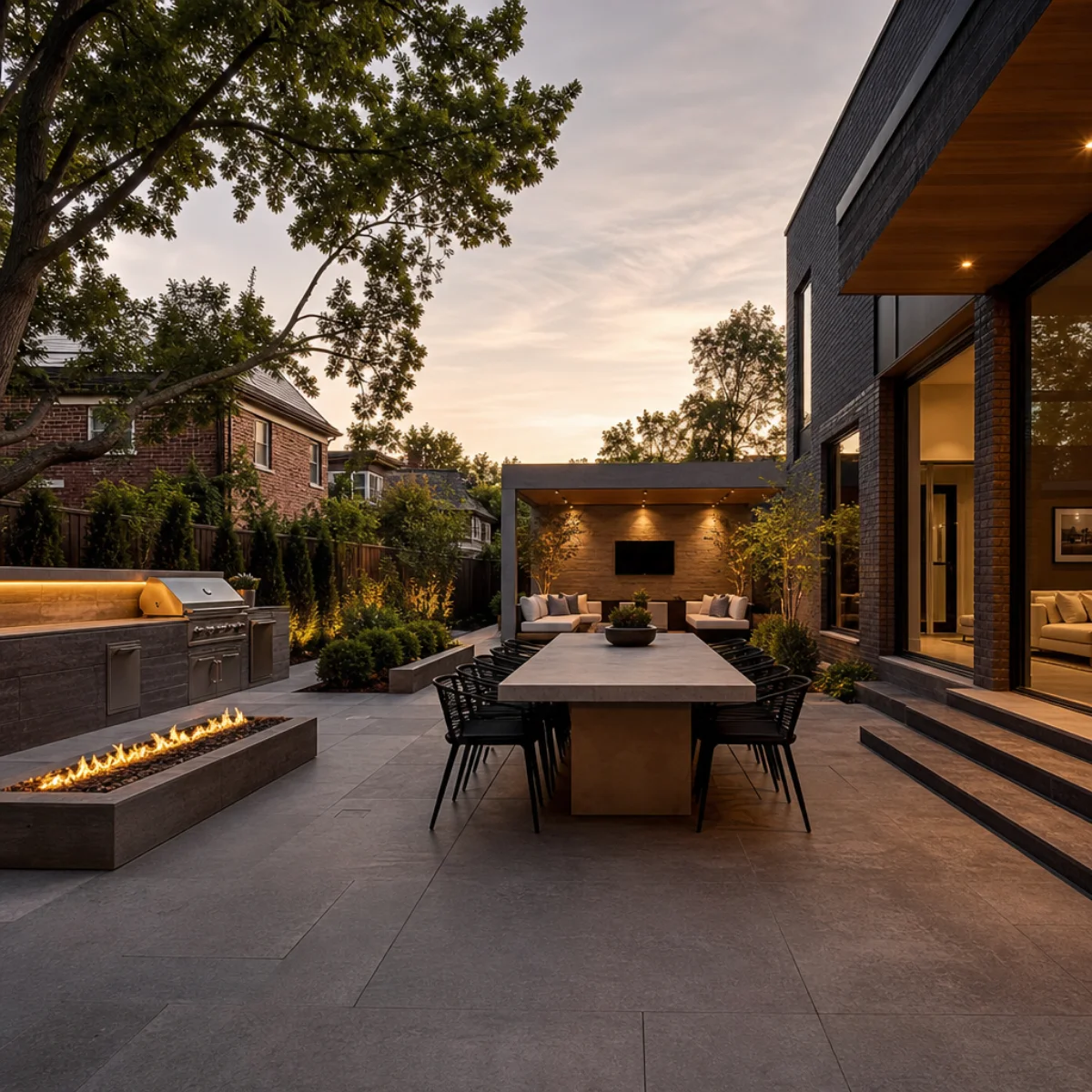 Modern backyard patio with dining area and fire feature